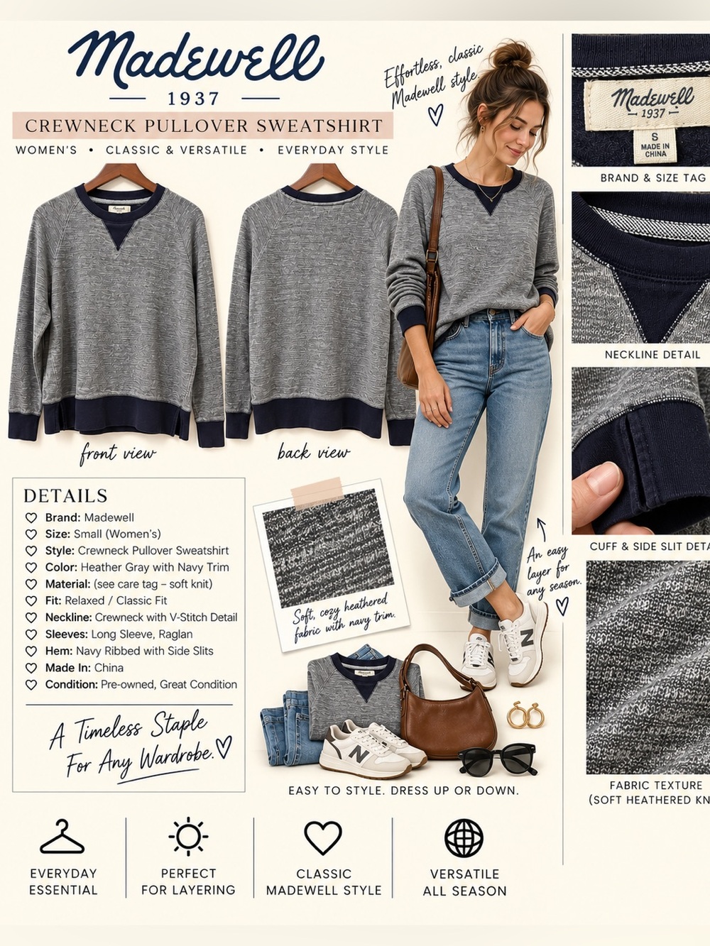 Madewell Heather Gray Crewneck Sweater with Navy Trim